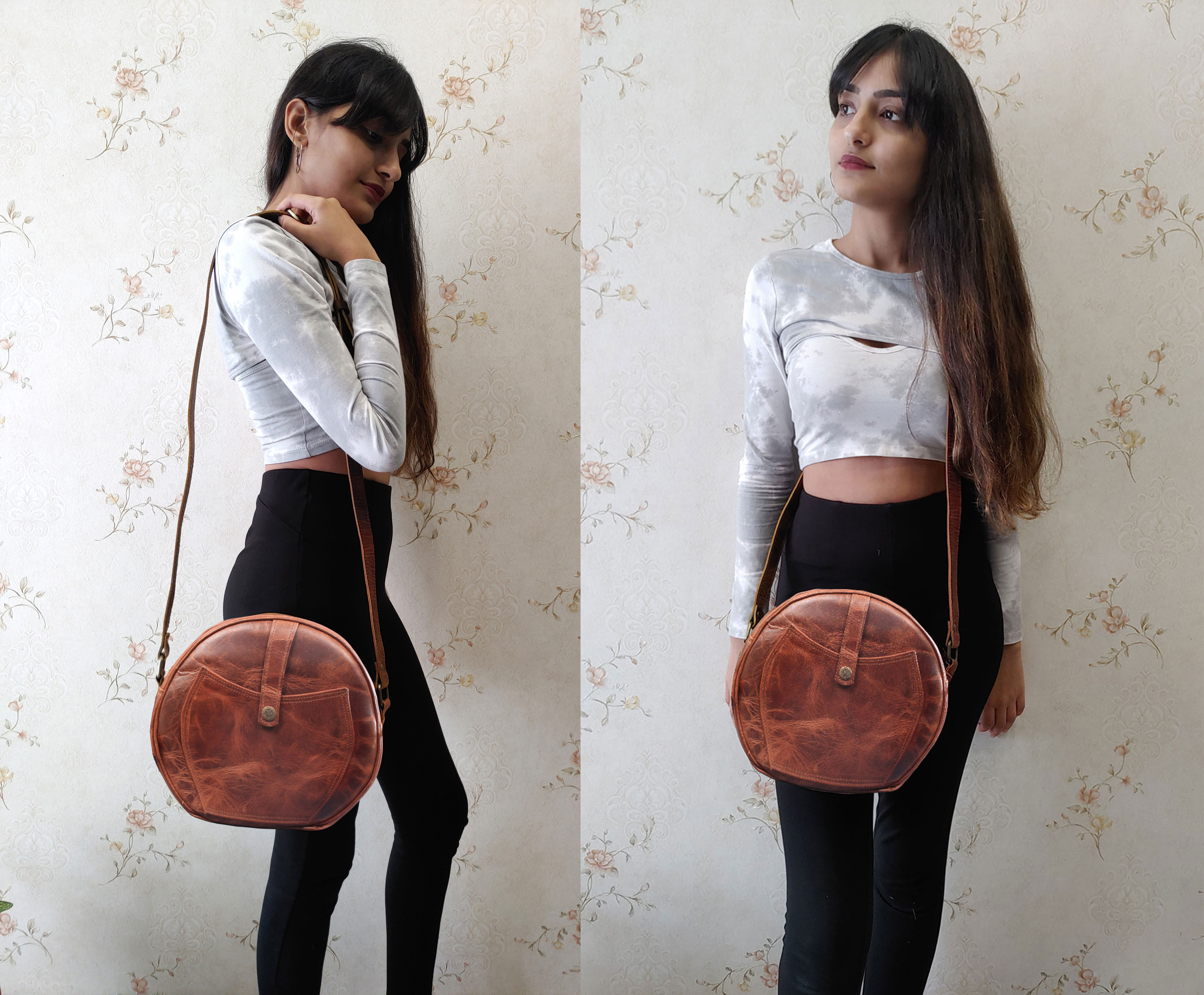 Madosh Genuine Leather Crossbody Sling Bag |Brown Leather Bag | Unique Round layout |Spacious Compartments| Women everyday use.
